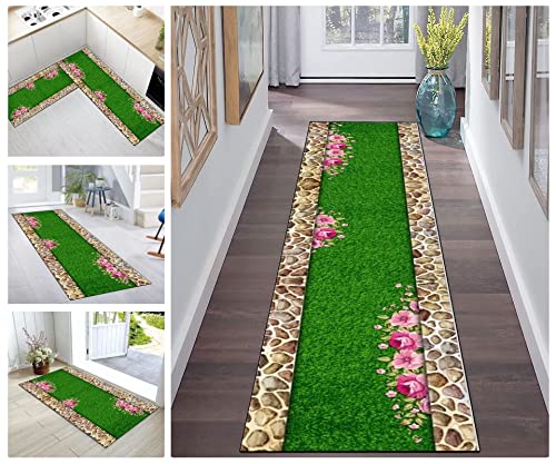 Buatisf Teppich Läufer Flur Küche rutschfest Waschbar Grüne 3D-Blumen Muster Modern rutschfest Waschbar Schlafzimmer Wohnzimmer Küchen Läufer Polyester Meterware Anpassbar von Buatisf