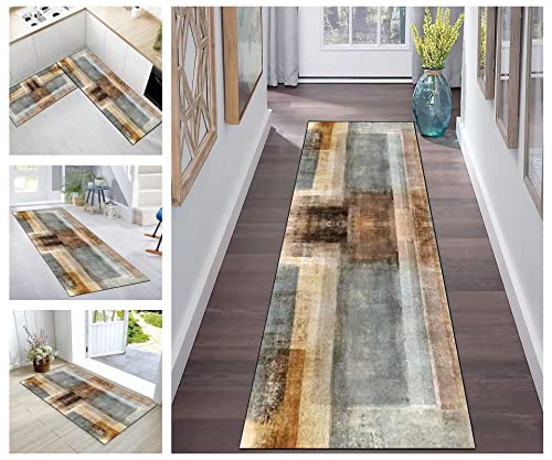 Buatisf Teppich Läufer Flur rutschfest Grau Braun Abstrakt Modern Korridor Teppichläufer Waschbar Schlafzimmer Wohnzimmer Küchenläufer, Meterware Anpassbar Küchenbodenmatte von Buatisf