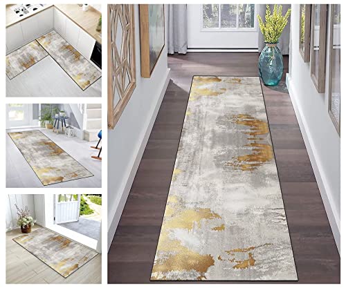Buatisf Teppich Läufer Flur rutschfest Grau Gold Abstrakt Modern Korridor Teppichläufer Waschbar Schlafzimmer Wohnzimmer Küchenläufer, Meterware Anpassbar Küchenbodenmatte von Buatisf