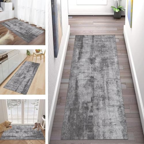 Buatisf Teppich Läufer Lang Flur Küche Grau Teppichmatte Geometrisch Küchenläufer rutschfest Waschbar für Korridor Wohnzimmer Schlafzimmer Esszimmer Küchenteppich Meterware Anpassbar von Buatisf