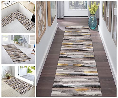 Buatisf Teppichmatten Teppich Läufer Flur rutschfest Grau Gold Schwarz Korridor Küchenteppich Waschbar Meterware Teppichläufer Lang for Corridor Schlafzimmer Wohnzimmer Polyester Meterware Anpassbar von Buatisf