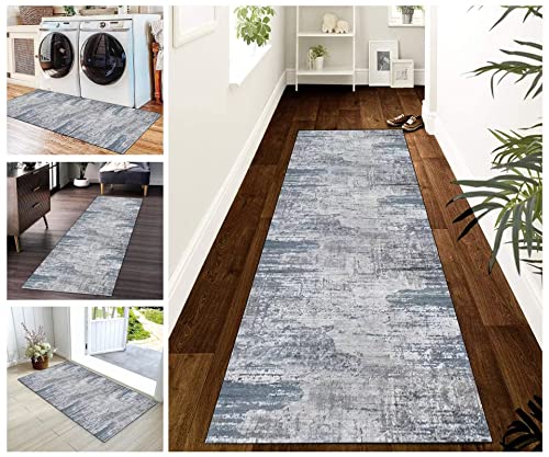 Korridor Teppich Flur Läufer Teppich Läufer Flur rutschfest Blau Grau Küchenteppich Waschbar Meterware Teppichläufer Lang for Corridor Schlafzimmer Wohnzimmer Polyester Meterware von Buatisf