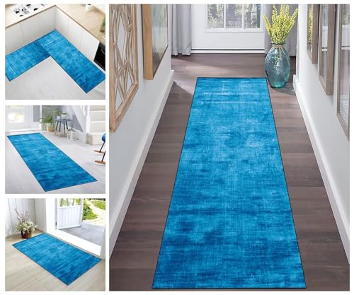 Korridor Teppich Flur Läufer Teppich Läufer Flur rutschfest Blau Korridor Küchenteppich Waschbar Meterware Teppichläufer Lang for Corridor Schlafzimmer Wohnzimmer Polyester Meterware Anpassbar von Buatisf