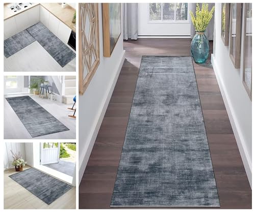 Korridor Teppich Flur Läufer Teppich Läufer Flur rutschfest Grau Blau Korridor Küchenteppich Waschbar Meterware Teppichläufer Lang for Corridor Schlafzimmer Wohnzimmer Polyester Meterware Anpassbar von Buatisf
