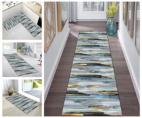 Teppich Läufer Flur rutschfest Blau Grau Abstrakt Polyester Modern Korridor Teppichläufer Waschbar Schlafzimmer Wohnzimmer Küchenläufer, Meterware Anpassbar Küchenbodenmatte (Color : A, Size : 40x80 von Buatisf