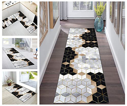Teppich Läufer Flur rutschfest Schwarz Weiß Gold Geometrische Muster Bunter Abstrakt Polyester Modern Korridor Teppichläufer Waschbar Schlafzimmer Wohnzimmer Küchenläufer, Meterware Anpassbar Küchenbo von Buatisf