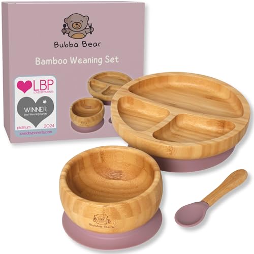 Bubba Bear Kindergeschirr-Set | Kinderteller mit Saugnapf | Geschirrset für Kleinkinder | Unterteilter Babyteller | Bambus Babygeschirr mit Löffel fürs Essen und Füttern | Baby Teller (Holunderbeere) von Bubba Bear