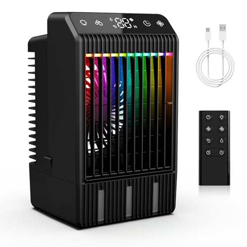 Klimaanlage Mobil, 5-in-1 Mobiles Klimagerät Mini Luftkühler mit Wasserkühlung & Fernbedienung, 4 Geschwindigkeiten & 2 Kühlnebel, 2-12H Timer & 3 LED Air Conditioner Portable für Zimmer,Büro,1000ML von Bubbacare