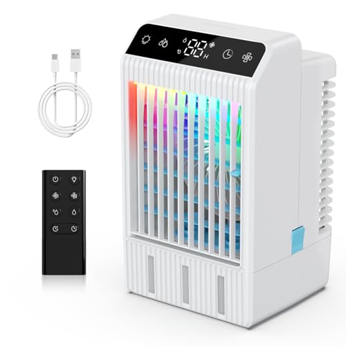Klimaanlage Mobil, 5-in-1 Mobiles Klimagerät Mini Luftkühler mit Wasserkühlung & Fernbedienung, 4 Geschwindigkeiten & 2 Kühlnebel, 2-12H Timer & 3 LED Air Conditioner Portable für Zimmer,Büro,1000ML von Bubbacare