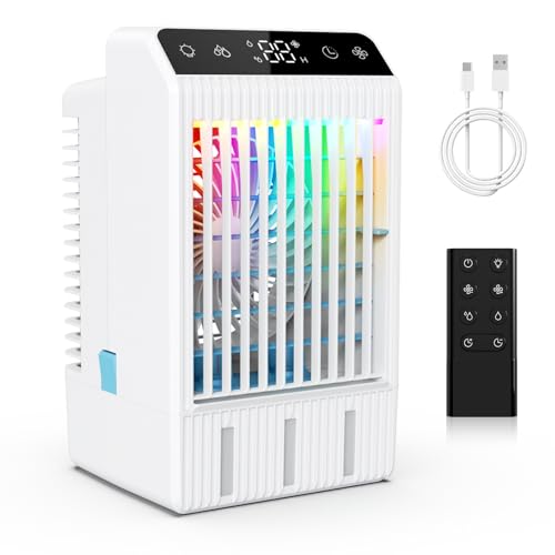Klimaanlage Mobil, 5-in-1 Mobiles Klimagerät Mini Luftkühler mit Wasserkühlung & Fernbedienung, 4 Geschwindigkeiten & 2 Kühlnebel, 2-12H Timer & 3 LED Air Conditioner Portable für Zimmer,Büro,1000ML von Bubbacare