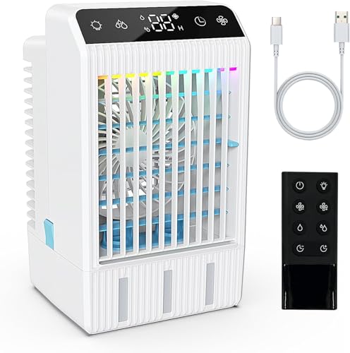 Klimaanlage Mobil, Leise Luftkühler mit 1000 ml Wassertank, 2-12H Timer, 4 Geschwindigkeiten 7 Farben Nachtlicht, Mini Klimagerät ohne Abluftschlauch, Luftkühler Geeignet für Schlafzimmer (White) von Bubbacare