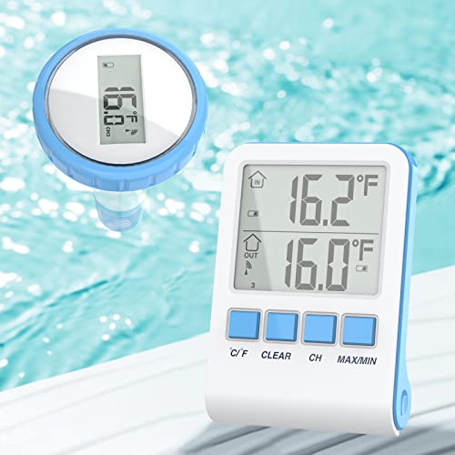 Funk PoolThermometer, WiFi Schwimmende Pool thermometer mit Indoor-Temperatur Luftfeuchtigkeit Monitor, Digital Teichthermometer Unterwasser IP67 wasserdicht für Schwimmbäder, Badewannen, Fischbecken von Bubbacare