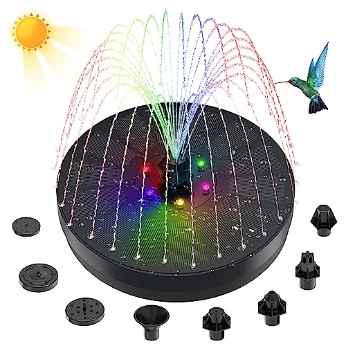 Solar Springbrunnen, 3W Solar Teichpumpe mit 8 Fontänenstile & 4 Feste Wasserleitungen, Schwimmender Solarbrunnen mit 6 Bunten LED Leuchten für Vogeltränke Garten Teich Fischbecken Aquarium von Bubbacare