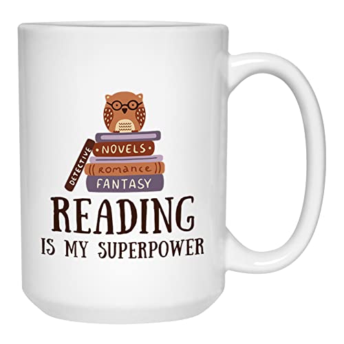 Buchliebhaber Kaffeetasse, 425 ml, Weiß – Reading Is My Superpower – Reading Owl Reader Stack of Books Book Lover Buchish Novelist Bibliothekarin Schriftsteller von Bubble Hugs