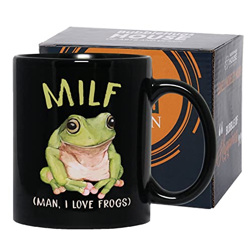 Love Card Kaffeetasse, 325 ml, Schwarz – Milf Man, I Love Frogs – Froggy Chair Green Valentine Funny Wortspiel lustige einzigartige Idee für Damen und Herren von Bubble Hugs