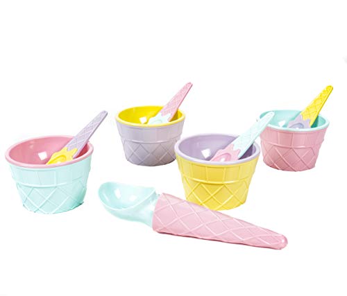 Bubble Store 9-teiliges Eiscreme-Set mit 4 Eisbechern, 4 Eislöffeln und Eisportionierer im Eisdielen-Retro-Design, Löffel+Portionierer in Eistütenform, Kunststoff, Pastell-Farben von Bubble Store