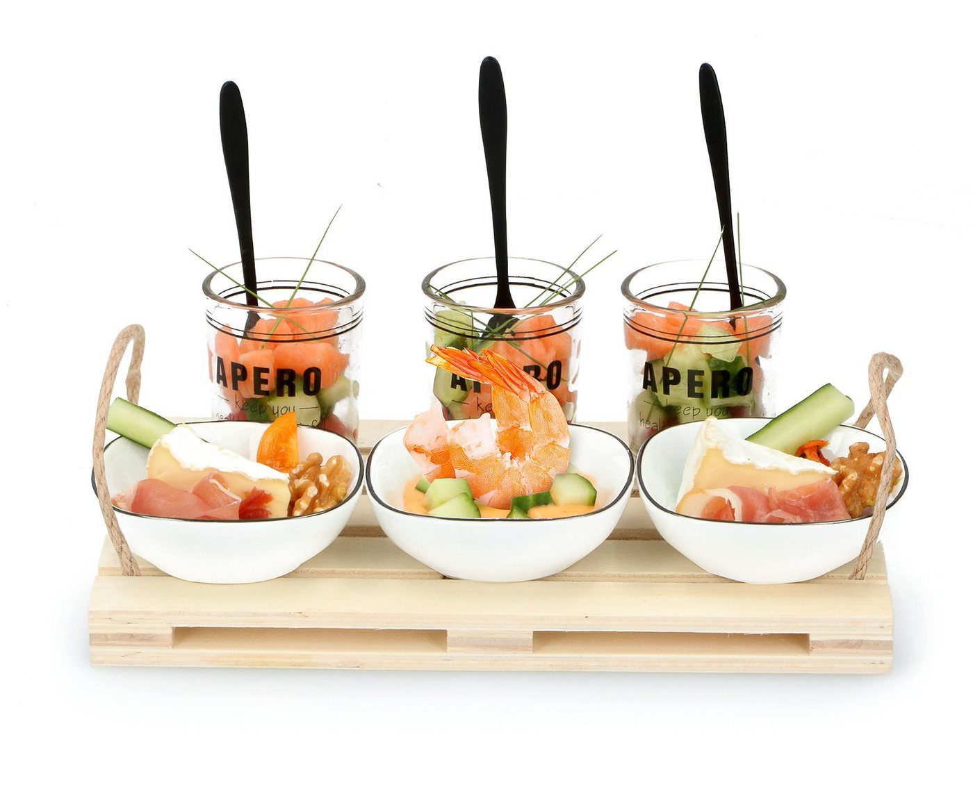 Bubble-Store Snackschale 10-teiliges Appetizer Set, Holz, Glas, Keramik, (Tablett, Schalen, Gläser), Snackschale-Set von Bubble-Store