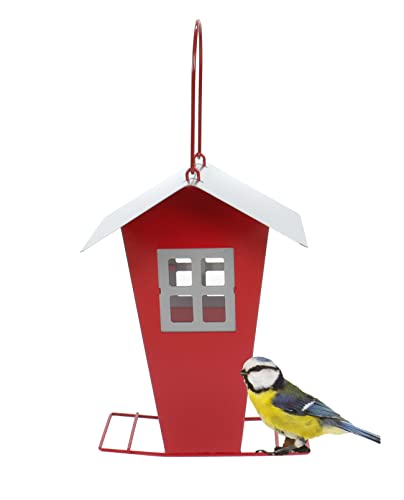 Vogelfutterhaus, Metall Futtersilo mit Sichtfenster zum Stellen oder Hängen, abnehmbares Dach zum Befüllen von Vogelfutter, Anflugstreben, Metallschlaufe (Rot) von Bubble-Store
