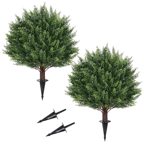 Set mit 2 künstlichen Zedernholz-Formschnitt-Kugeln mit Erdspieß für den Außenbereich, 58,4 cm, realistische Kunststräucher, UV-beständig, immergrün, künstliche Sträucher, Pflanzen für Innen- und von Bubbleimage