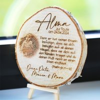 Geschenk Taufe Mit Gravur Foto Und Taufspruch Taufkarte Auf Holz Baumscheibe Fotogravur Text Erinnerung Paten Taufgeschenk von BubiduDE