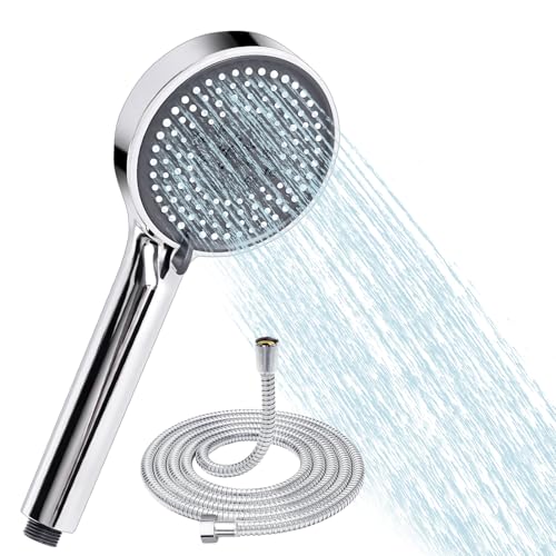 Bubuny Duschkopf mit Schlauch 2M, Wassersparender Handbrause mit 5 Strahlarten, Duschbrause mit Antikalk, Hochdruck Duschkopf Großem Regendusche, Silber von Bubuny