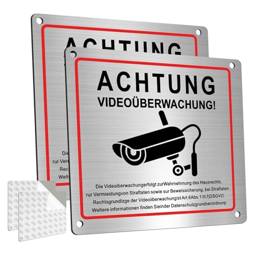 Bubuny Videoüberwachung Schild, 2 STK Schild Videoüberwachung Privatgrundstück, Selbstklebend Schild Kameraüberwachung, Aluminium 15×15 CM Achtung Hinweisschild von Bubuny