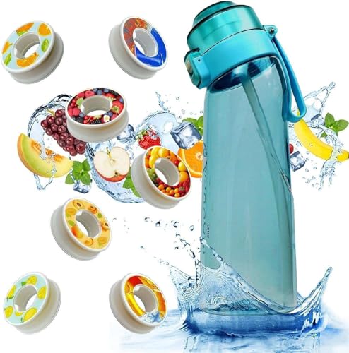 Luftgeruch-Wasserflasche, 650 ml, Duft-Wasserbecher mit 7 Geschmackskapseln, 0% Zucker-Wasserbecher, auslaufsicherer Sport-Wasserbecher mit Strohhalm, geeignet für Outdoor-Sportarten (Color : Blue) von Bubupig