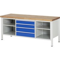RAU Werkbank Serie 8000, 1 Dreifach-Container, 2 Fachböden, HxBxT 840 x 2.000 x 700 mm, 4 x 100%-Auszug-Schubladen, Schubladen-TK 75 kg von RAU