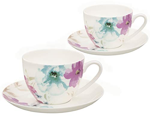 Buchensee Kaffeetassen, Teetassen Set aus Fine Bone China Porzellan. 2 Kaffeetassen je 210ml und 2 Unterteller, Blumenmuster Buchensee Kaffeetassen, Teetassen Set aus Fine Bone China Porzellan. 2 Kaffeetassen je 210ml und 2 Unterteller, Blumenmuster von Buchensee