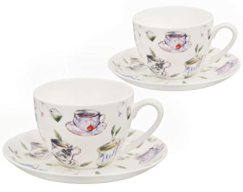 Buchensee Kaffeetassen, Teetassen Set aus Fine Bone China Porzellan. 2 Kaffeetassen je 210ml und 2 Unterteller, Tassenmuster von Buchensee