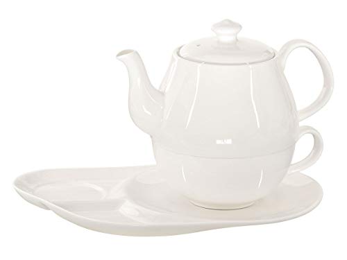 Buchensee Tea for One Daisy 600ml aus Crystal Bone China Porzellan in fein-cremigem Weiß. Teekanne + Teetasse + Untersetzer mit praktischen Ablageflächen von Buchensee