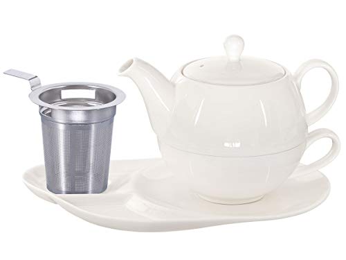 Buchensee Tea for One mit Sieb Lena 500ml aus Crystal Bone China Porzellan in fein-cremigem Weiß. Teekanne + Teetasse + Untersetzer mit Ablageflächen von Buchensee