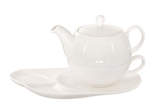 Buchensee Tea for One Lena 500ml aus Crystal Bone China Porzellan in fein-cremigem Weiß. Teekanne + Teetasse + Untersetzer mit praktischen Ablageflächen von Buchensee