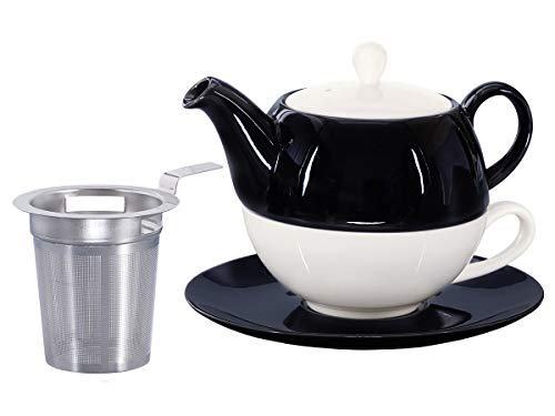 Buchensee Tea for One mit Sieb Lena 500ml aus Crystal Bone China Porzellan in schwarz-weiß. Teekanne + Teetasse + Untersetzer + Sieb von Buchensee