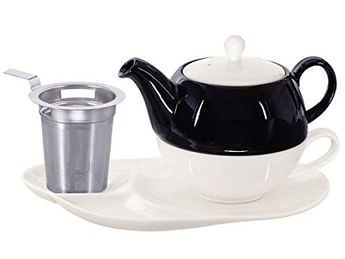 Buchensee Tea for One mit Sieb Lena 500ml aus Crystal Bone China Porzellan in schwarz-weiß. Teekanne + Teetasse + Untersetzer mit Ablageflächen + Sieb von Buchensee