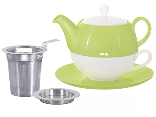 Buchensee Tea for One mit Sieb Lena 500ml aus Crystal Bone China Porzellan in grün. Teekanne + Teetasse + Untersetzer + Sieb + Abtropfschale von Buchensee