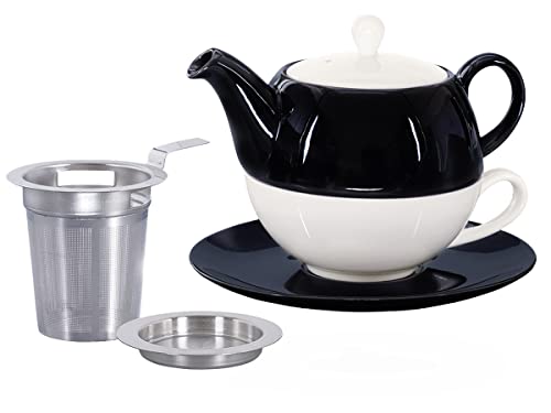 Buchensee Tea for One mit Sieb Lena 500ml aus Crystal Bone China Porzellan in schwarz. Teekanne + Teetasse + Untersetzer + Sieb + Abtropfschale von Buchensee