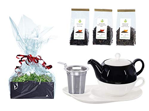 Buchensee Tee Geschenk Set, Tea for One mit Sieb Lena 500ml aus Porzellan. Teekanne + Teetasse + Untertasse mit Ablageflächen + Sieb + Schwarztee von Buchensee
