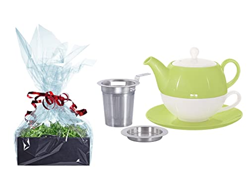 Buchensee Tee Geschenk Set, Tea for One mit Sieb Lena grün 500ml aus Porzellan. Teekanne + Teetasse + Untertasse + Sieb mit Abtropfschale von Buchensee