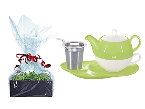 Buchensee Tee Geschenk Set, Tea for One mit Sieb Lena grün 500ml aus Porzellan. Teekanne + Teetasse + Untertasse mit Ablageflächen + Sieb von Buchensee