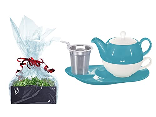 Buchensee Tee Geschenk Set, Tea for One mit Sieb Lena türkis 500ml aus Porzellan. Teekanne + Teetasse + Untertasse mit Ablageflächen + Sieb von Buchensee