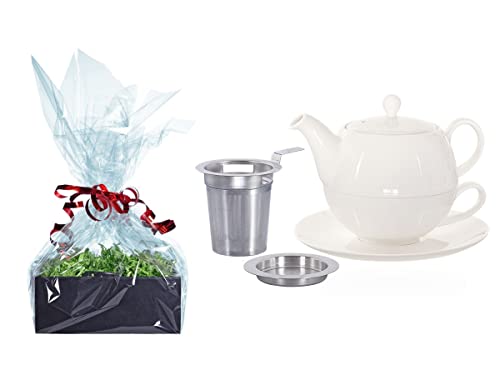 Buchensee Tee Geschenk Set, Tea for One mit Sieb Lena weiß 500ml aus Porzellan. Teekanne + Teetasse + Untertasse + Sieb mit Abtropfschale von Buchensee