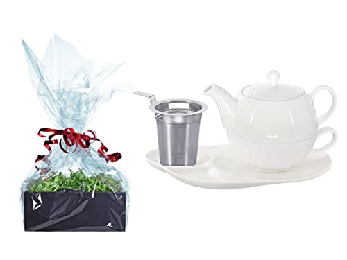 Buchensee Tee Geschenk Set, Tea for One mit Sieb Lena weiß 500ml aus Porzellan. Teekanne + Teetasse + Untertasse mit Ablageflächen + Sieb von Buchensee