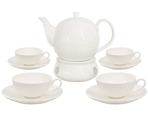 Buchensee Teeservice aus Fine Bone China Porzellan. Teekanne in fein-cremigem Weiß mit 1,5l Füllvolumen, 4 Teetassen, 4 Unterteller und Stövchen. von Buchensee