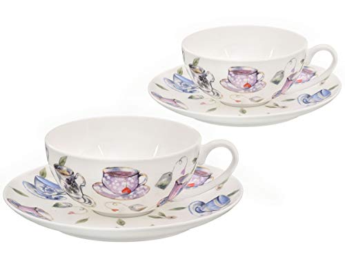 Buchensee Teetassen Set aus Fine Bone China Porzellan. 2 Teetassen je 150ml und 2 Unterteller mit stilvollem Tassendekor. von Buchensee