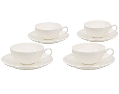 Buchensee Teetassen Set aus Fine Bone China Porzellan. 4 Teetassen je 150ml und 4 Unterteller in fein-cremigem Weiß. von Buchensee