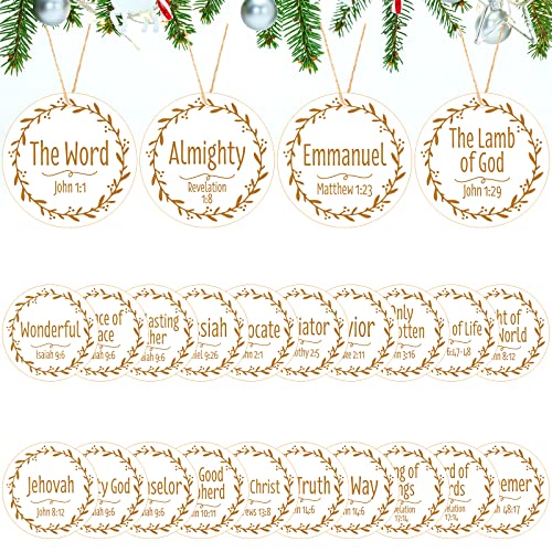 Bucherry 24 Stück Namen von Jesus Christus Weihnachten Ornament Krippe runde Holz hängende Ornamente mit verschiedenen Namen des Retters Weihnachtsbaum Holz Ornamente für Heimdekoration (einfarbig, von Bucherry