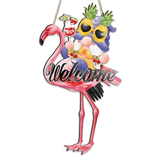 Bucherry Willkommensschild Holzdekor für Haustür Sommer Dekorative Schilder Plaketten Tropisches Holz Hängeschild Hawaii-Themed Kranz Türschild Türdekorationen Aufhänger (Gnom Flamingo) von Bucherry