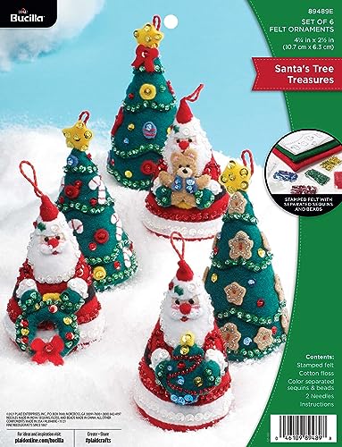 Bucilla Filzapplikationsset, Weihnachtsbaumschätze aus Filz, 6 Stück, ideal für Bastelarbeiten, 89489E, Baumwolle, Weihnachtsmann-Baumschätze von Bucilla