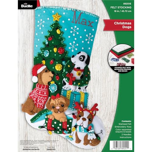 Bucilla Weihnachtsstrumpf-Set, Filz-Applikationen, Weihnachtshunde, 45,7 cm, Baumwolle, Multicolor von Bucilla